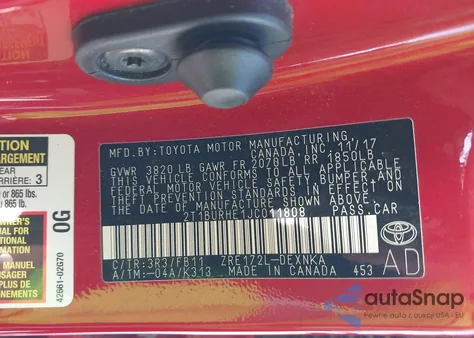 2018 Toyota Corolla Le z USA, uszkodzony, nr VIN 2T1BURHE1JC011808